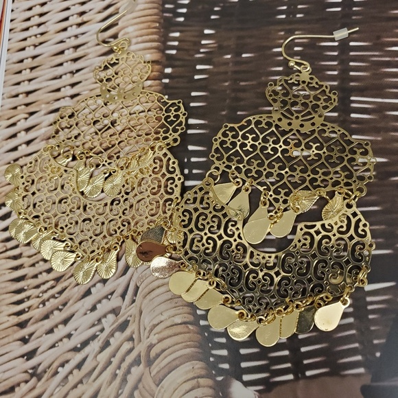 Moroccan Filigree BoHo Flat Chandelier Earrings - Picture 2 of 5